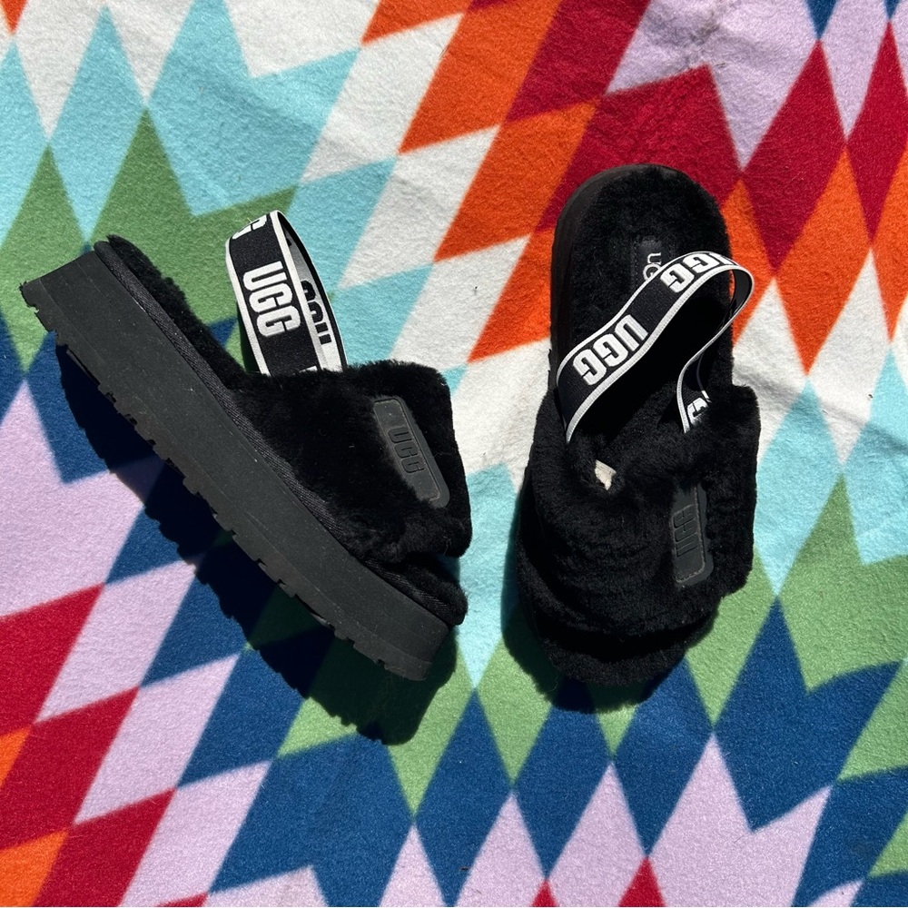 UGG Black Fluffy Sandals with Logo Strap